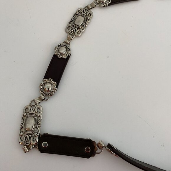 Brown Leather Silver Linked Belt Womens XL 38" - Picture 2 of 4